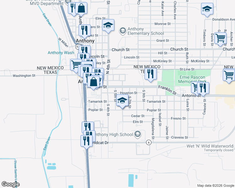 map of restaurants, bars, coffee shops, grocery stores, and more near 424 Houston Street in Anthony