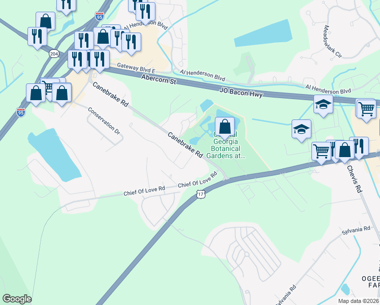 map of restaurants, bars, coffee shops, grocery stores, and more near 102 Shady Grove Lane in Savannah