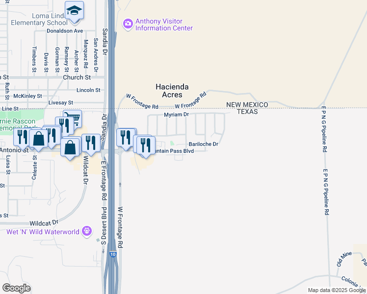 map of restaurants, bars, coffee shops, grocery stores, and more near 3038 Bariloche Drive in Anthony