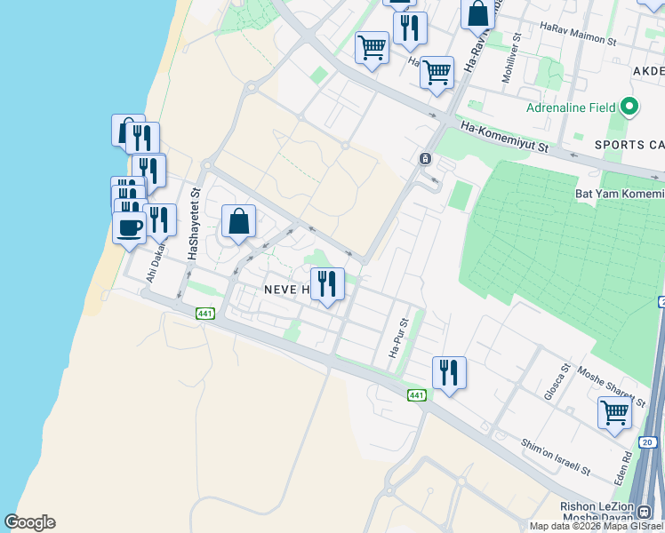 map of restaurants, bars, coffee shops, grocery stores, and more near 3 Kheil ha-Avir Street in Rishon LeTsiyon