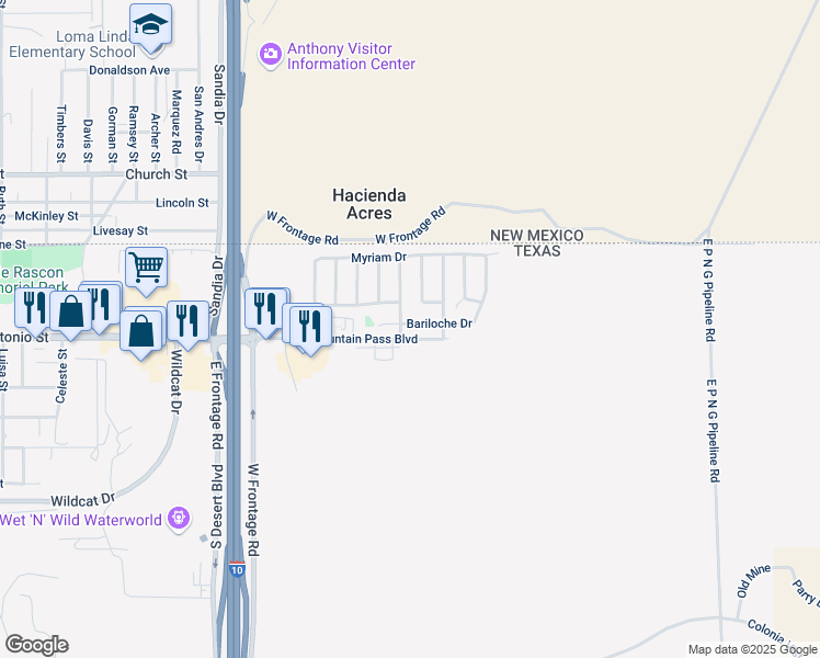 map of restaurants, bars, coffee shops, grocery stores, and more near 3038 Bariloche Drive in Anthony