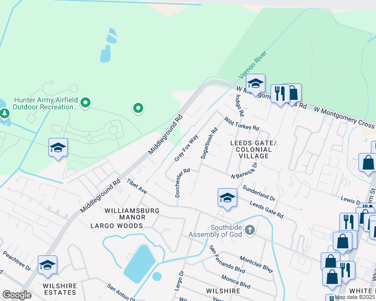 map of restaurants, bars, coffee shops, grocery stores, and more near 10560 Gray Fox Circle in Savannah