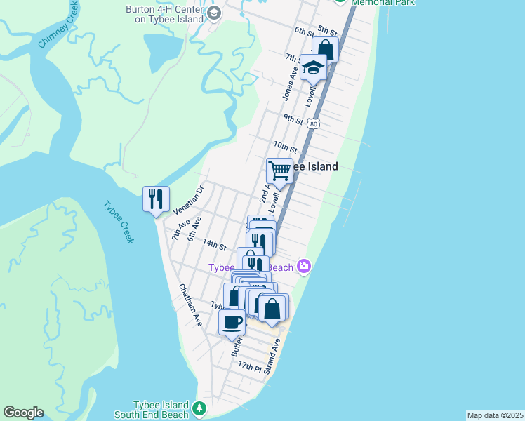 map of restaurants, bars, coffee shops, grocery stores, and more near 1205 2nd Avenue in Tybee Island