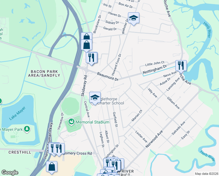 map of restaurants, bars, coffee shops, grocery stores, and more near 13 Culverton Court in Savannah