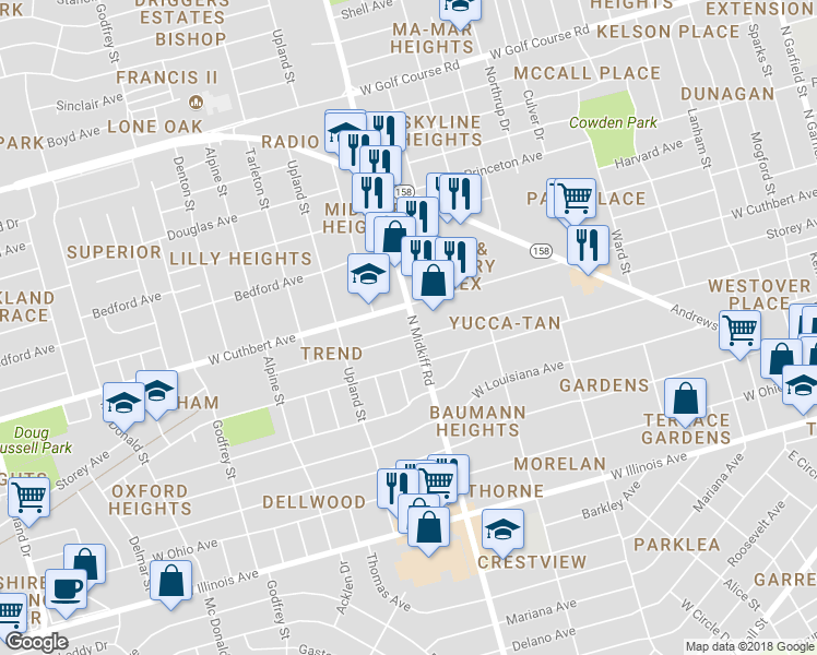 map of restaurants, bars, coffee shops, grocery stores, and more near 3300 Storey Avenue in Midland