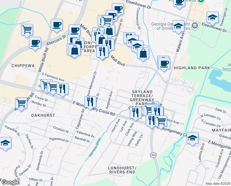 map of restaurants, bars, coffee shops, grocery stores, and more near 7 Catherine Circle in Savannah