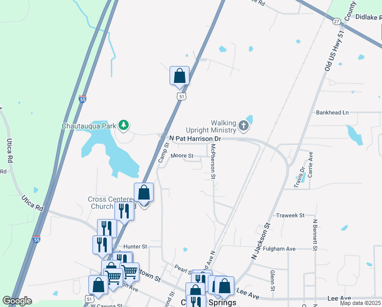 map of restaurants, bars, coffee shops, grocery stores, and more near 210 Moore Street in Crystal Springs
