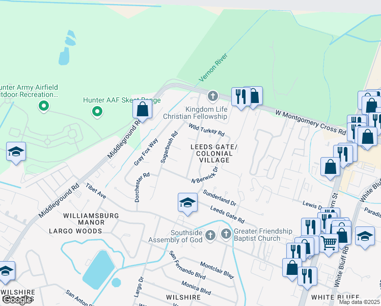 map of restaurants, bars, coffee shops, grocery stores, and more near 10529 Indigo Road in Savannah