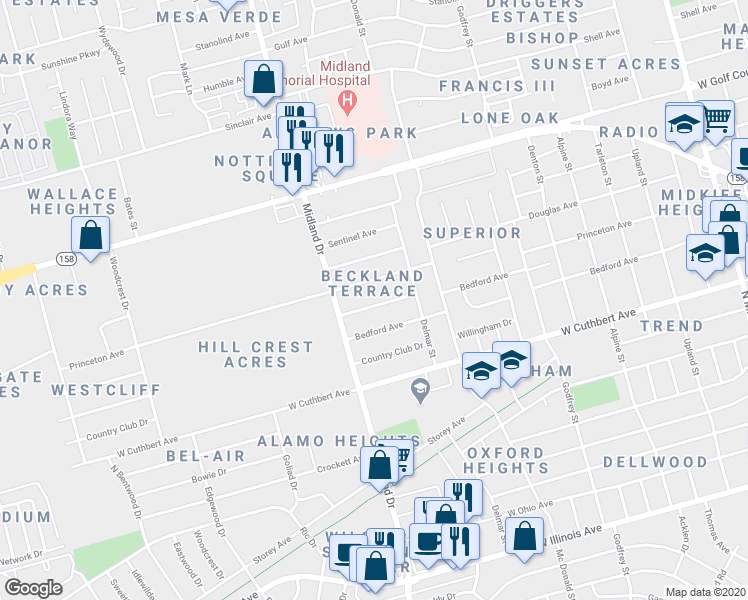 map of restaurants, bars, coffee shops, grocery stores, and more near 4312 Harvard Avenue in Midland