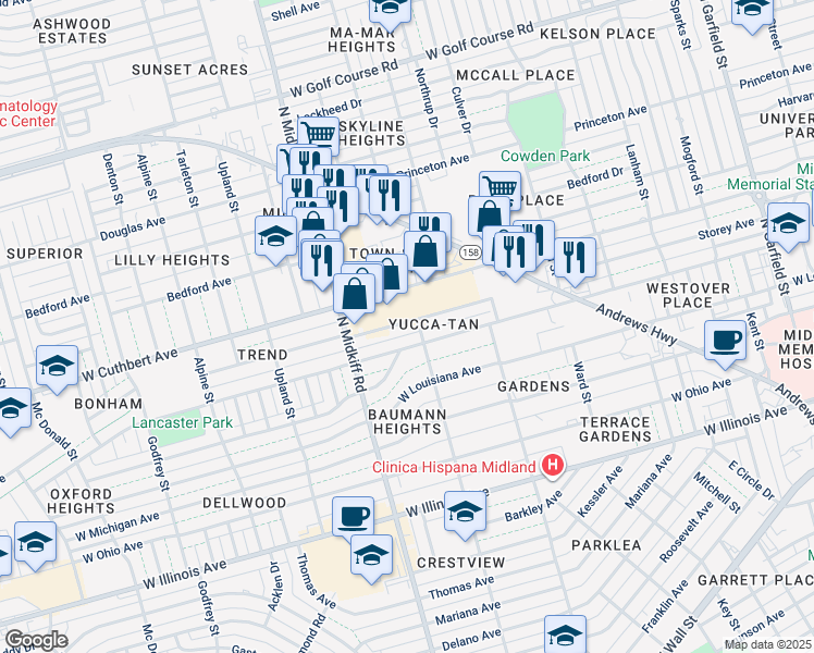 map of restaurants, bars, coffee shops, grocery stores, and more near 3205 Storey Avenue in Midland