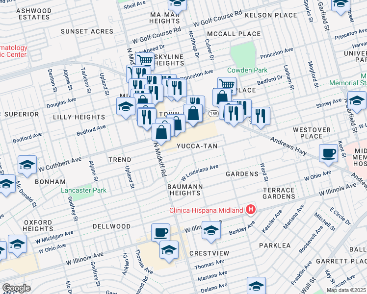 map of restaurants, bars, coffee shops, grocery stores, and more near 3205 Storey Avenue in Midland