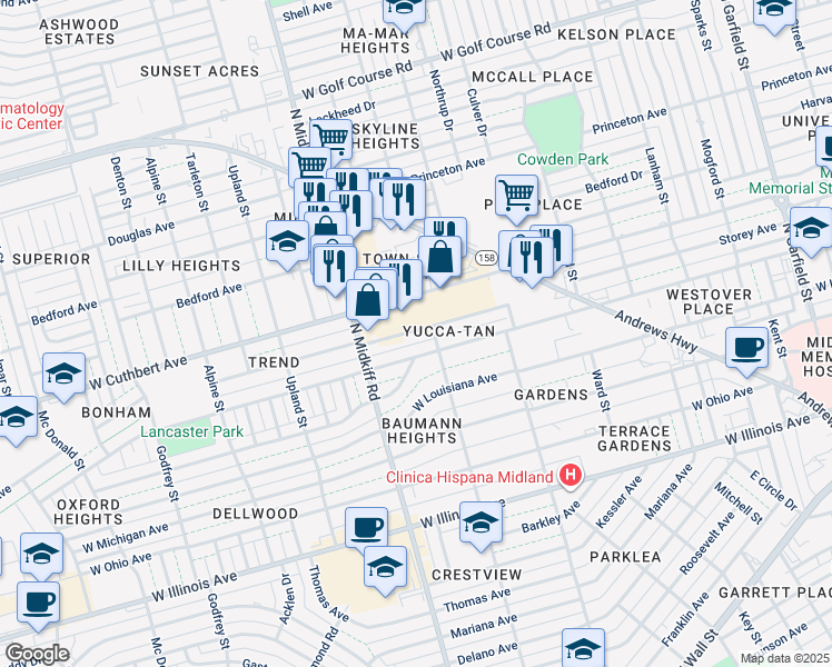 map of restaurants, bars, coffee shops, grocery stores, and more near 3205 Storey Avenue in Midland