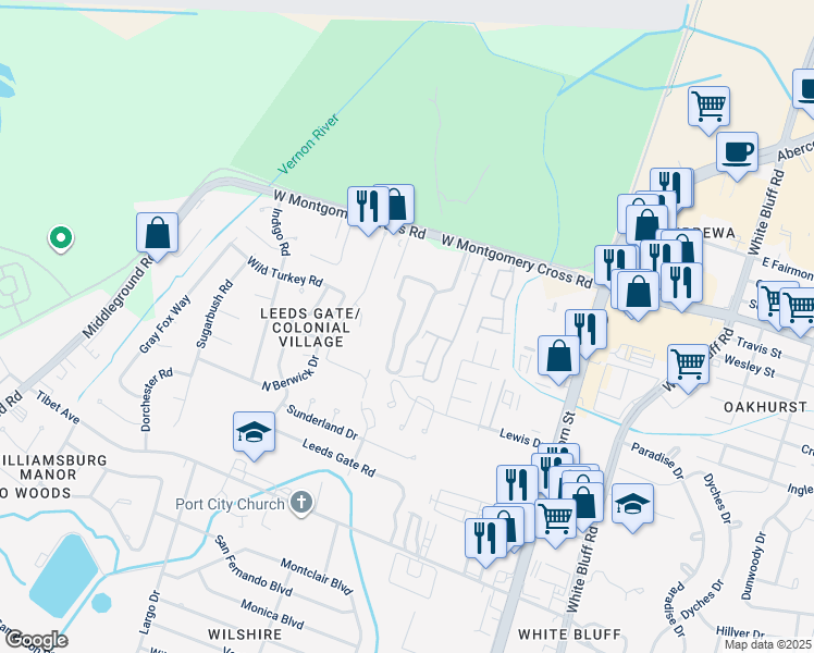 map of restaurants, bars, coffee shops, grocery stores, and more near 227 West Montgomery Cross Road in Savannah