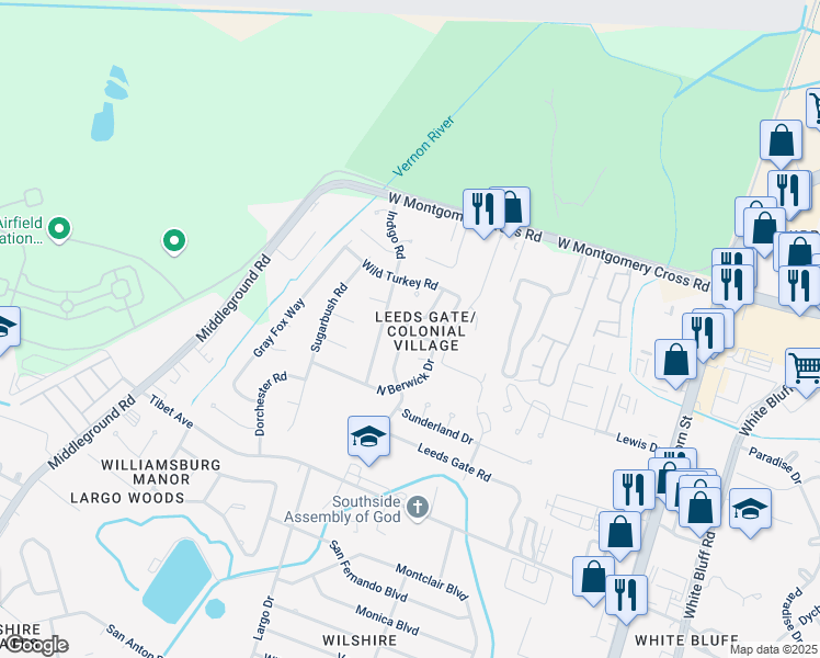 map of restaurants, bars, coffee shops, grocery stores, and more near 112 Morekis Drive in Savannah