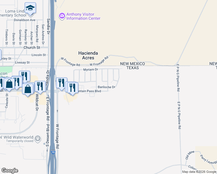 map of restaurants, bars, coffee shops, grocery stores, and more near 3086 Bariloche Drive in Anthony