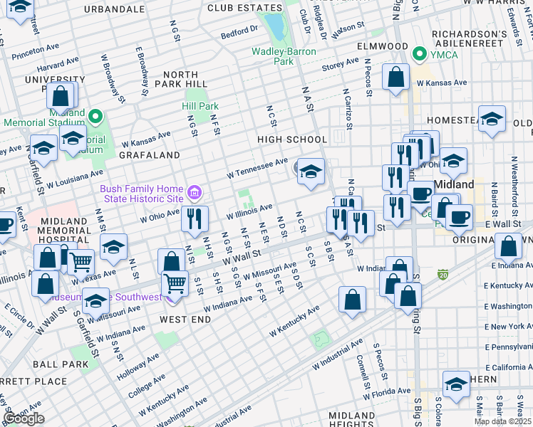 map of restaurants, bars, coffee shops, grocery stores, and more near 1107 W Illinois Ave in Midland