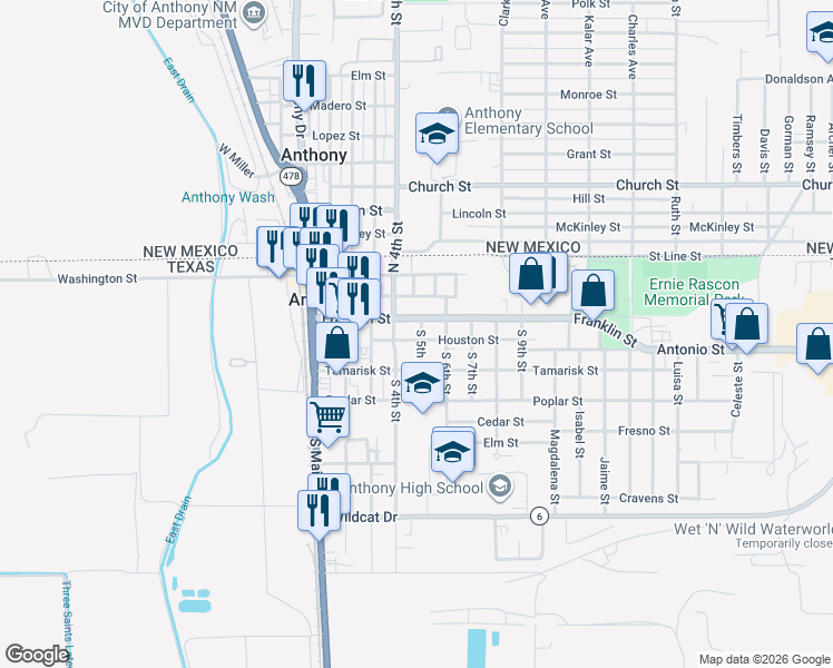 map of restaurants, bars, coffee shops, grocery stores, and more near 424 Houston Street in Anthony