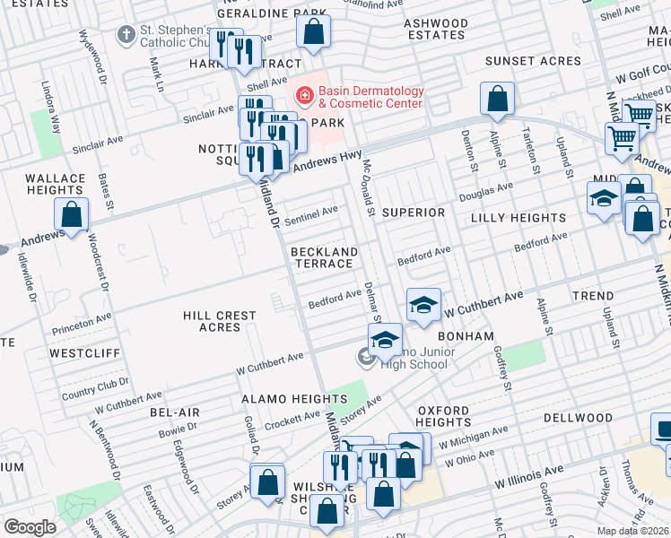 map of restaurants, bars, coffee shops, grocery stores, and more near 4308 Harvard Avenue in Midland