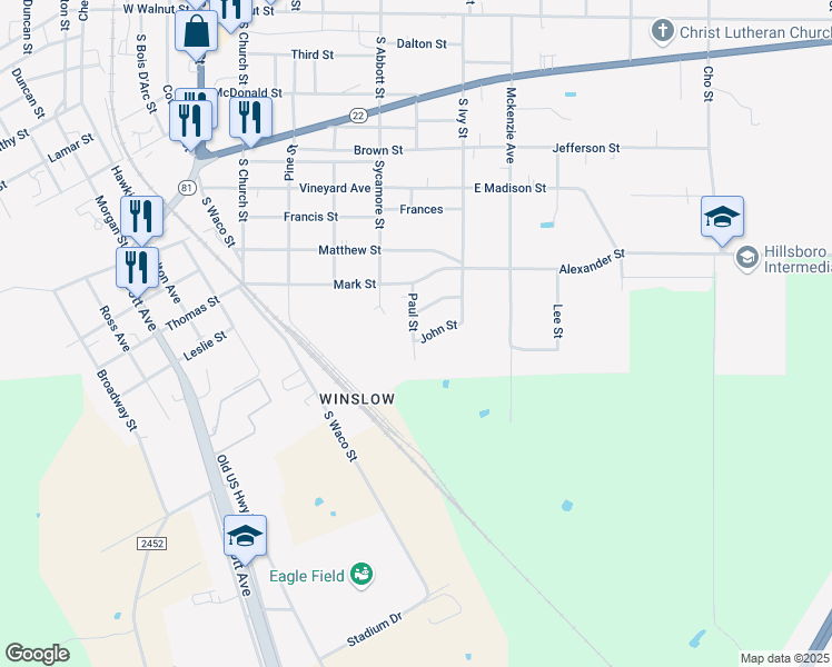 map of restaurants, bars, coffee shops, grocery stores, and more near 107 Paul Street in Hillsboro