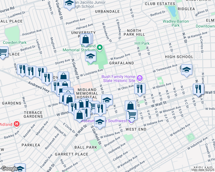 map of restaurants, bars, coffee shops, grocery stores, and more near 1901 West Tennessee Avenue in Midland