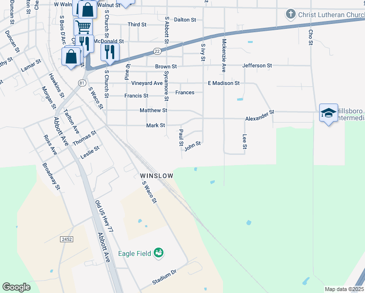 map of restaurants, bars, coffee shops, grocery stores, and more near 107 Paul Street in Hillsboro