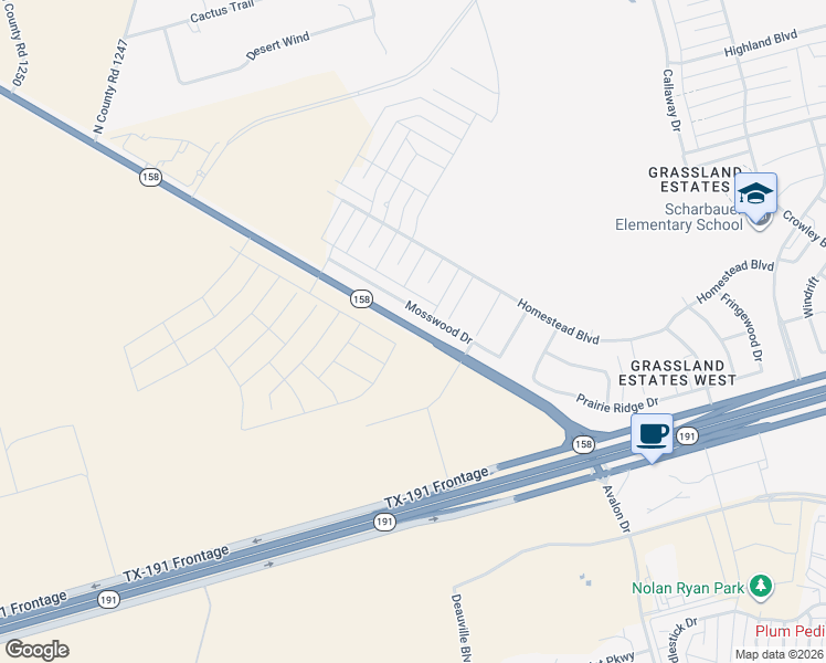 map of restaurants, bars, coffee shops, grocery stores, and more near 606 Texas 158 in Midland