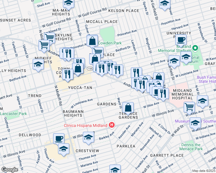 map of restaurants, bars, coffee shops, grocery stores, and more near 2901 West Kansas Avenue in Midland