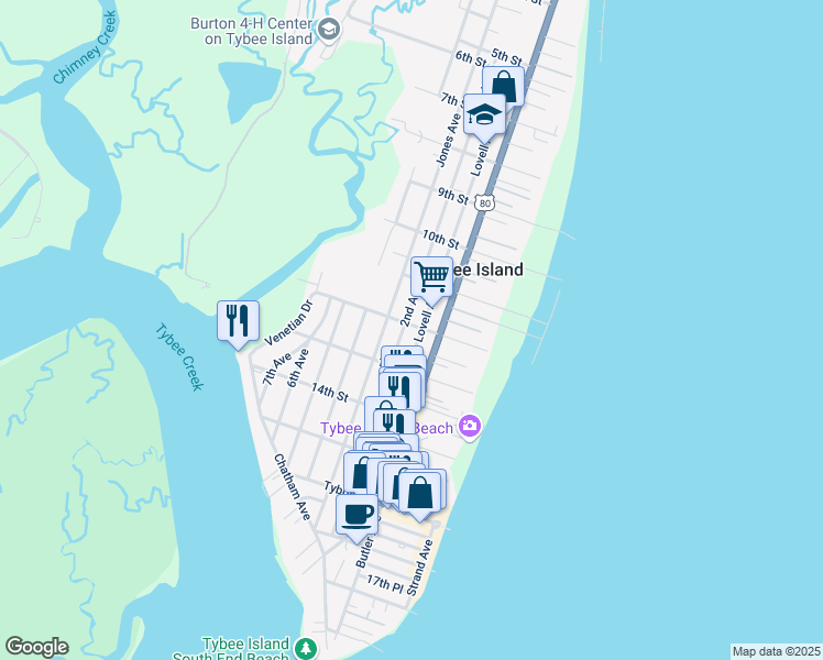 map of restaurants, bars, coffee shops, grocery stores, and more near 1205 2nd Avenue in Tybee Island