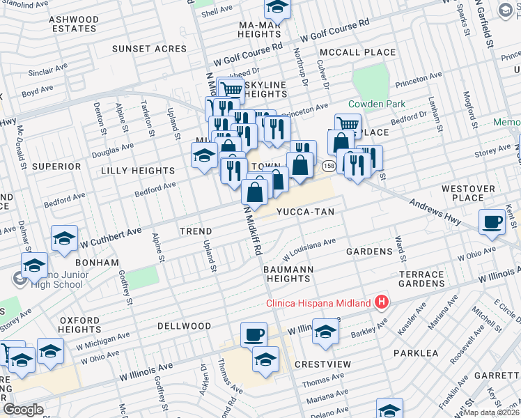 map of restaurants, bars, coffee shops, grocery stores, and more near 3207 West Cuthbert Avenue in Midland