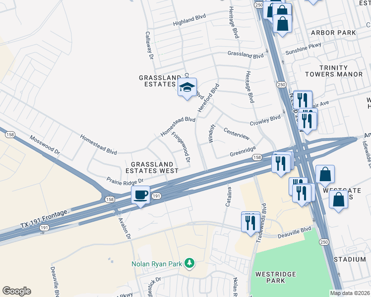 map of restaurants, bars, coffee shops, grocery stores, and more near Glen Mist Dr in Midland