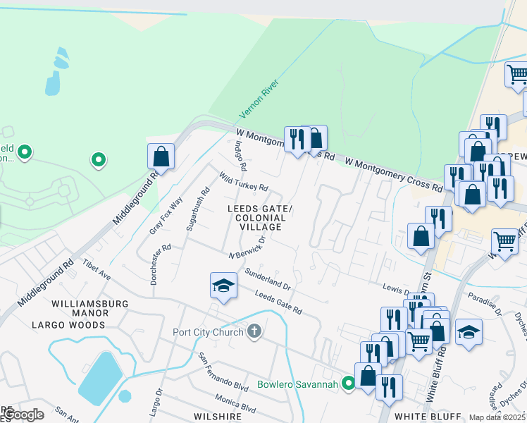 map of restaurants, bars, coffee shops, grocery stores, and more near 128 North Leeds Gate Road in Savannah
