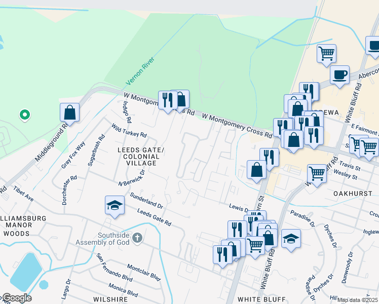 map of restaurants, bars, coffee shops, grocery stores, and more near 227 West Montgomery Cross Road in Savannah