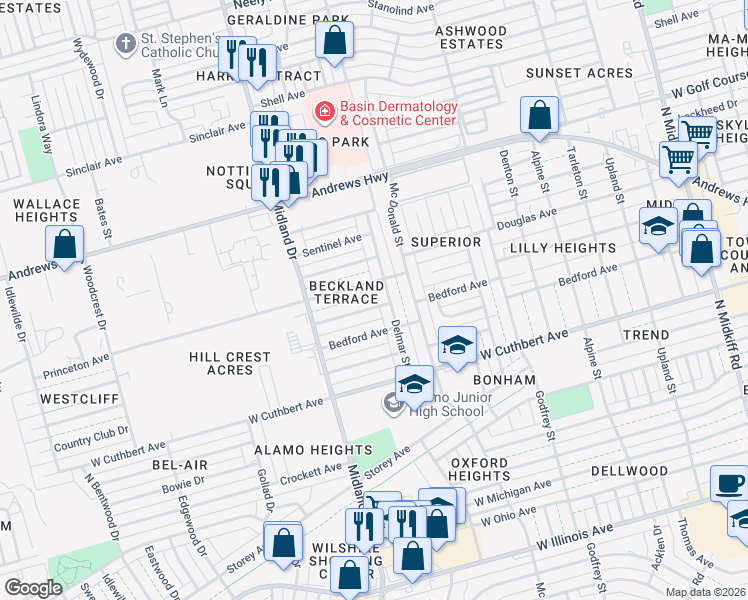 map of restaurants, bars, coffee shops, grocery stores, and more near 4308 Harvard Avenue in Midland