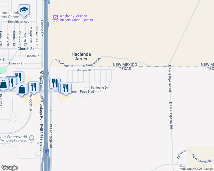 map of restaurants, bars, coffee shops, grocery stores, and more near 3086 Bariloche Drive in Anthony