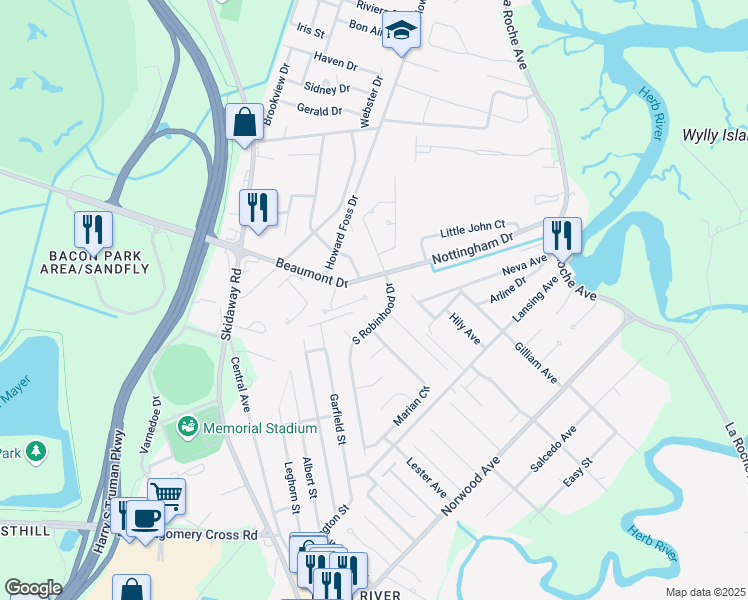 map of restaurants, bars, coffee shops, grocery stores, and more near 2 Hood Court in Savannah