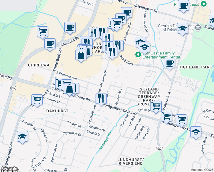 map of restaurants, bars, coffee shops, grocery stores, and more near 7370 Hodgson Memorial Drive in Savannah
