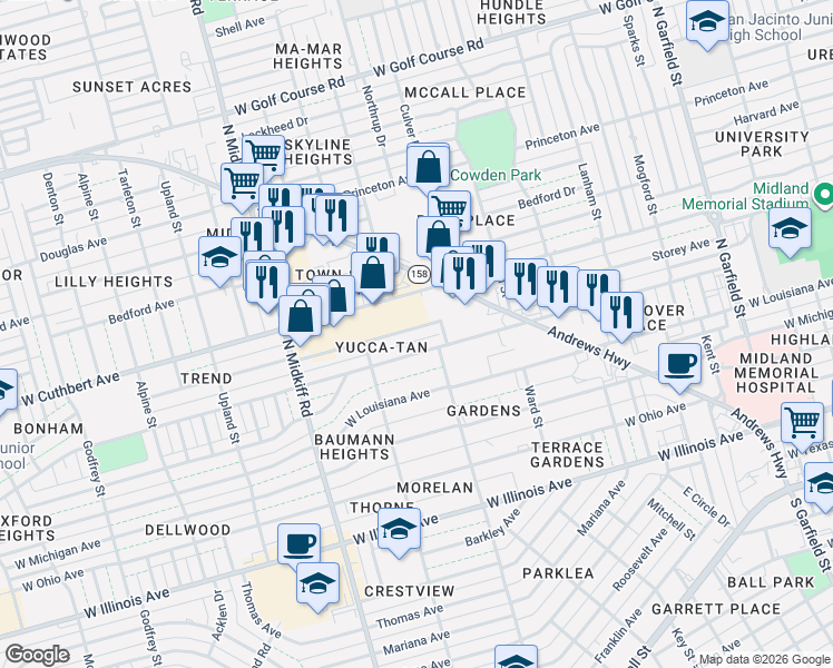 map of restaurants, bars, coffee shops, grocery stores, and more near 3106 West Kansas Avenue in Midland