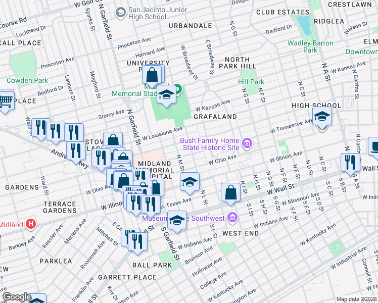 map of restaurants, bars, coffee shops, grocery stores, and more near 1901 West Tennessee Avenue in Midland