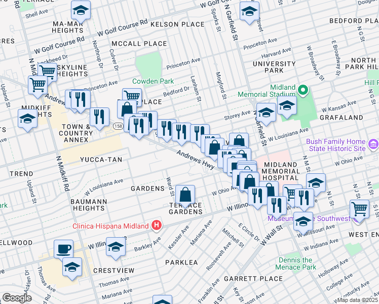 map of restaurants, bars, coffee shops, grocery stores, and more near 2700-2752 West Louisiana Avenue in Midland