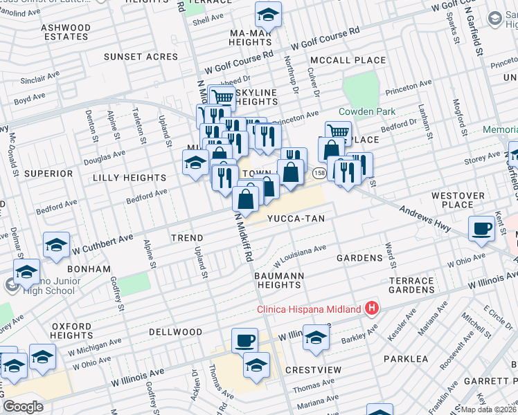 map of restaurants, bars, coffee shops, grocery stores, and more near 3207 West Cuthbert Avenue in Midland