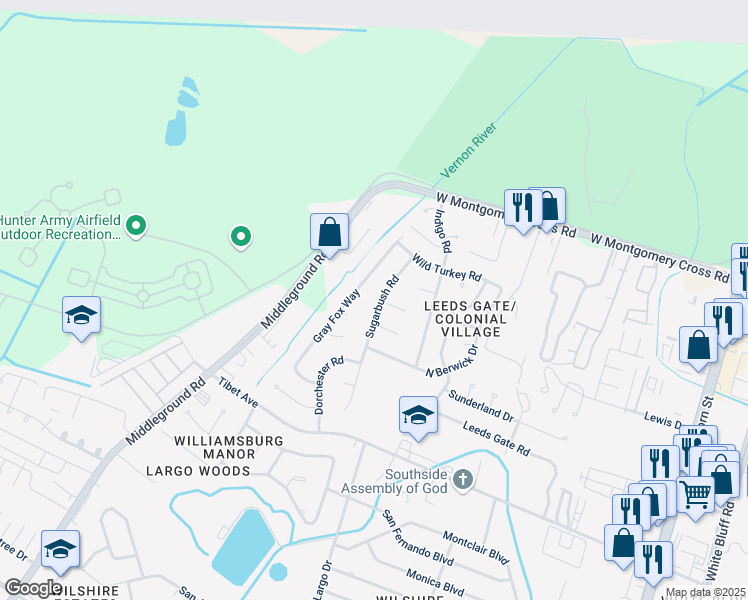 map of restaurants, bars, coffee shops, grocery stores, and more near 10527 Sugarbush Road in Savannah