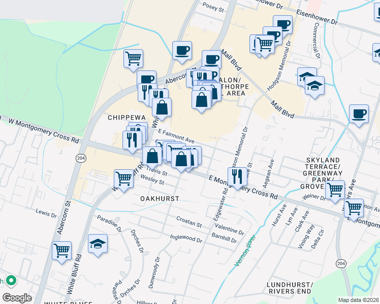 map of restaurants, bars, coffee shops, grocery stores, and more near 127 Chippewa Dr in Savannah
