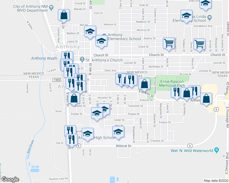 map of restaurants, bars, coffee shops, grocery stores, and more near 700 Franklin Street in Anthony