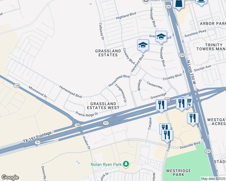 map of restaurants, bars, coffee shops, grocery stores, and more near Glen Mist Drive in Midland