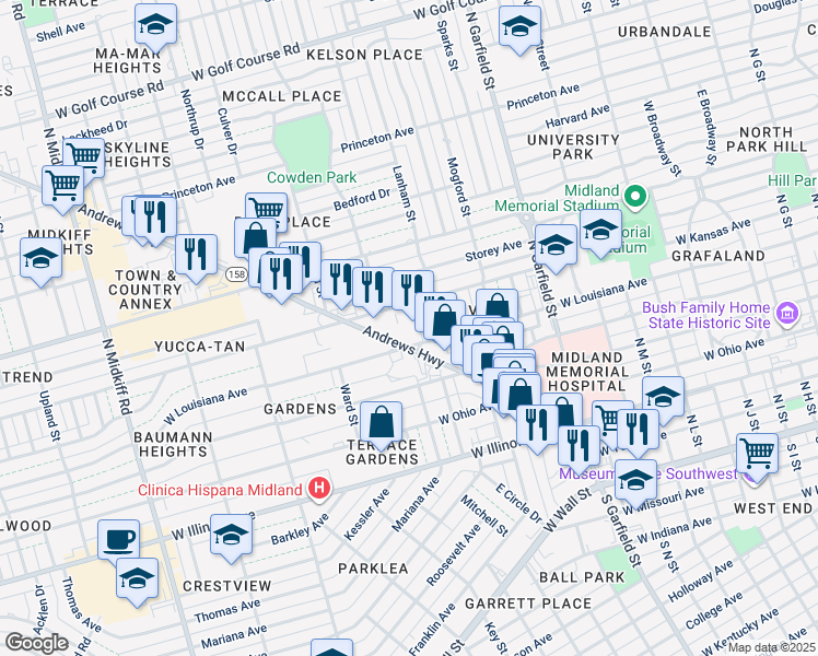 map of restaurants, bars, coffee shops, grocery stores, and more near 2752 West Louisiana Avenue in Midland