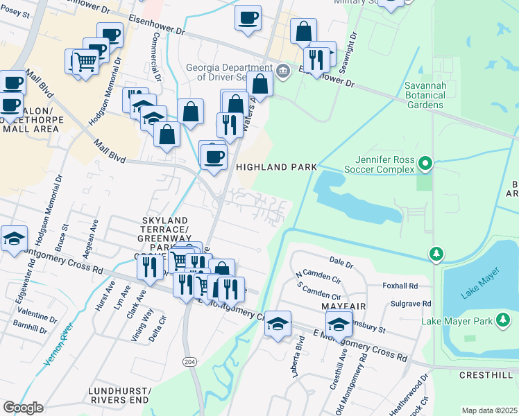 map of restaurants, bars, coffee shops, grocery stores, and more near 1112 Corinth Avenue in Savannah