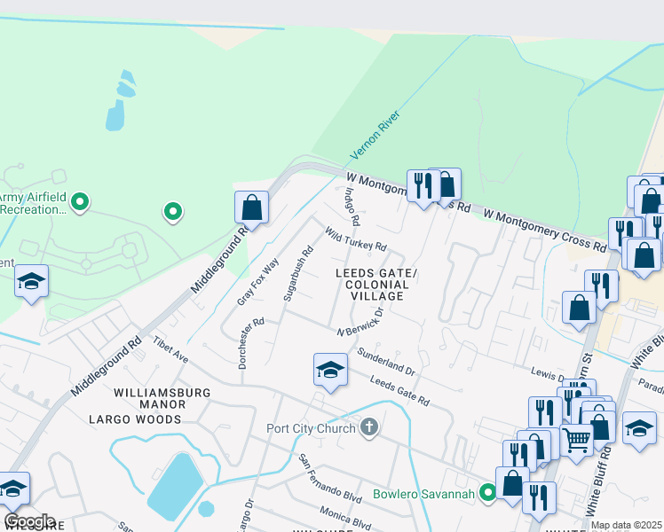 map of restaurants, bars, coffee shops, grocery stores, and more near 10529 Indigo Road in Savannah