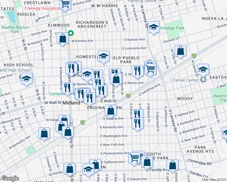map of restaurants, bars, coffee shops, grocery stores, and more near 213 North Weatherford Street in Midland
