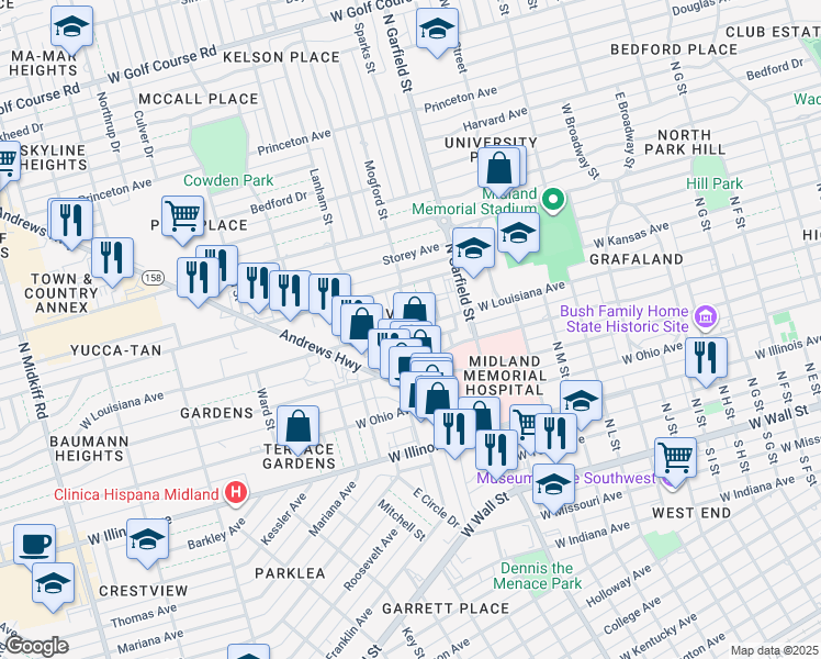 map of restaurants, bars, coffee shops, grocery stores, and more near in Midland