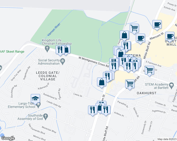 map of restaurants, bars, coffee shops, grocery stores, and more near 201 West Montgomery Cross Road in Savannah
